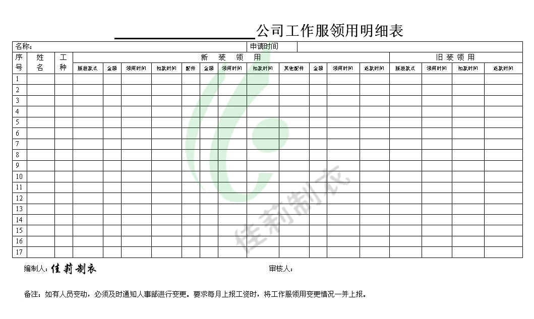 工作服领用明细表