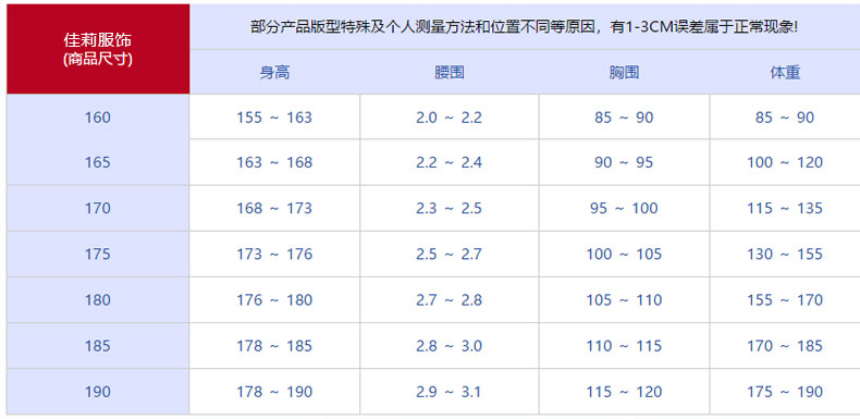 夏季机修工作服-尺码表